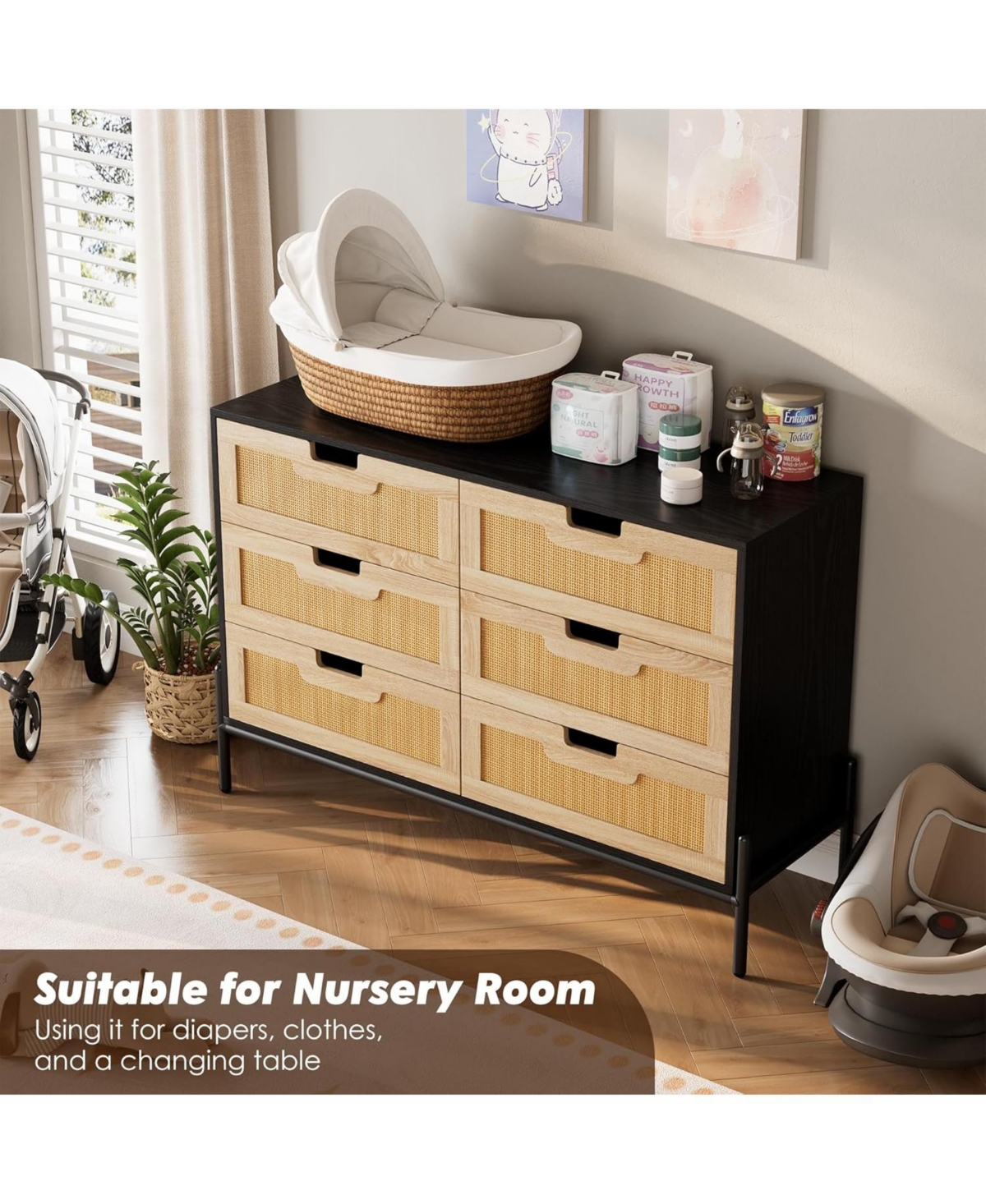 gaomon 6-Drawer Rattan Chest, Boho Wood Dresser for Bedroom