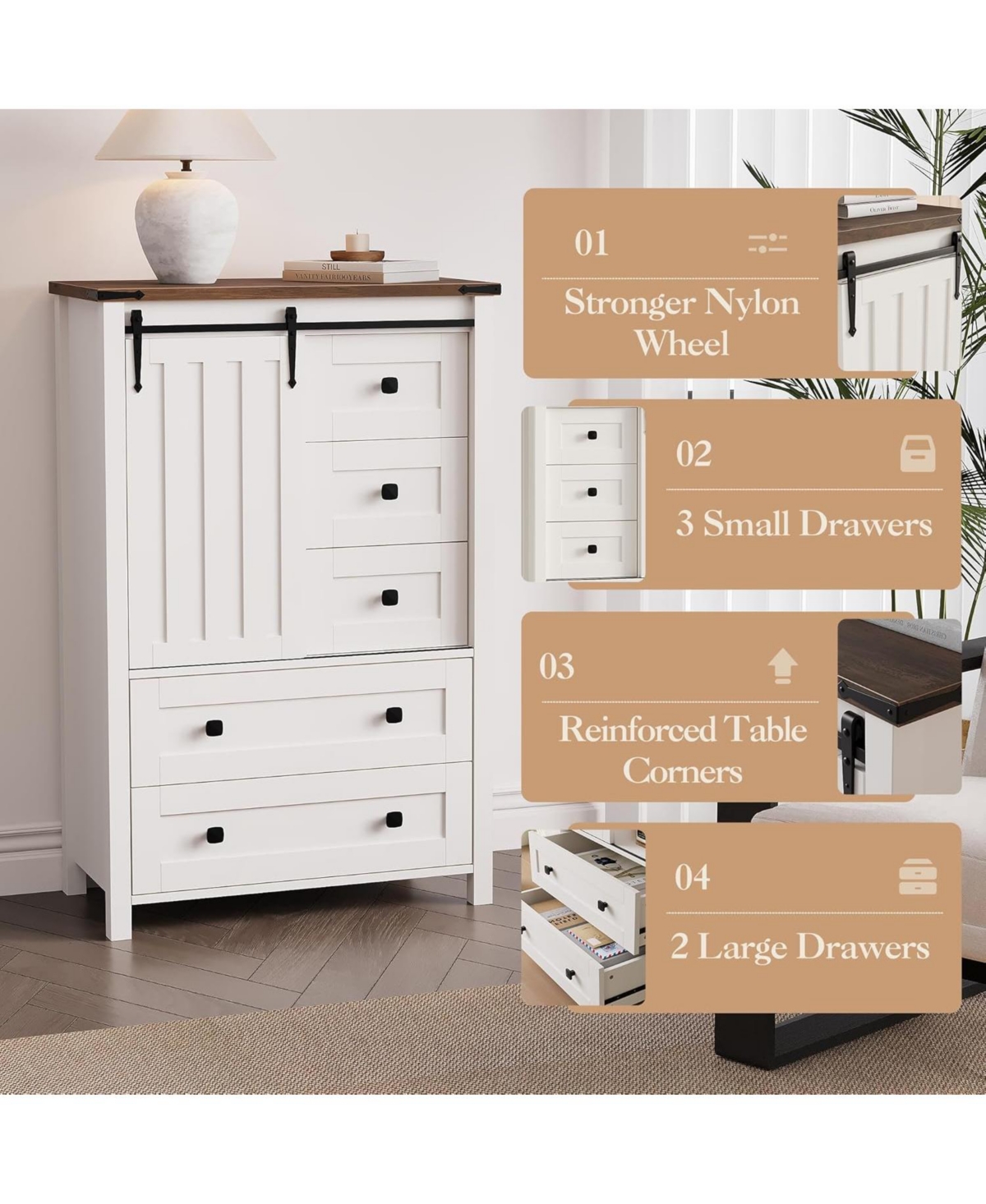 gaomon 5-Drawer Farmhouse Dresser With Barn Door And Shelves, Tall Chest