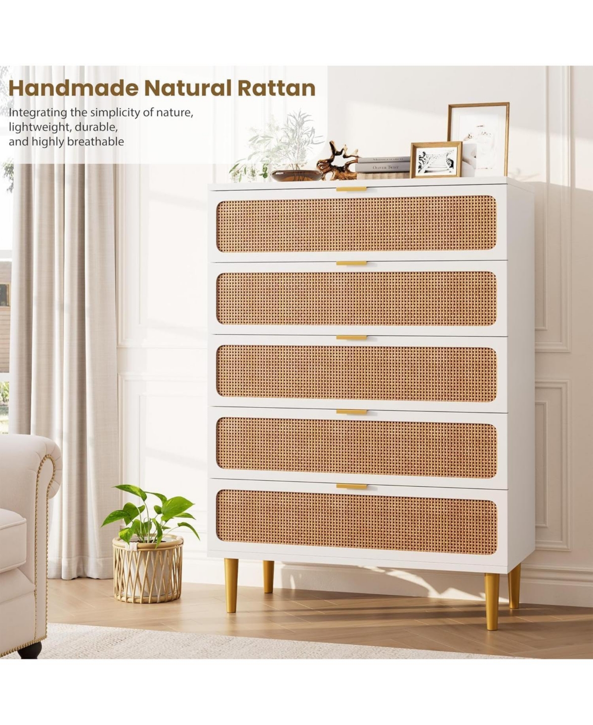 gaomon 5-Drawer Rattan Tall Dresser, Deep Storage Wood Chest