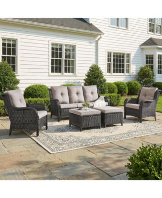 5-Pieces Patio Furniture Set, Outdoor Wicker Sofa Couch with Chairs Ottomans Red Cushions, All Weather High Back Modern Conversation Set