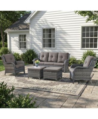 5-Pieces Patio Furniture Set, Outdoor Wicker Sofa Couch with Chairs Ottomans Red Cushions, All Weather High Back Modern Conversation Set