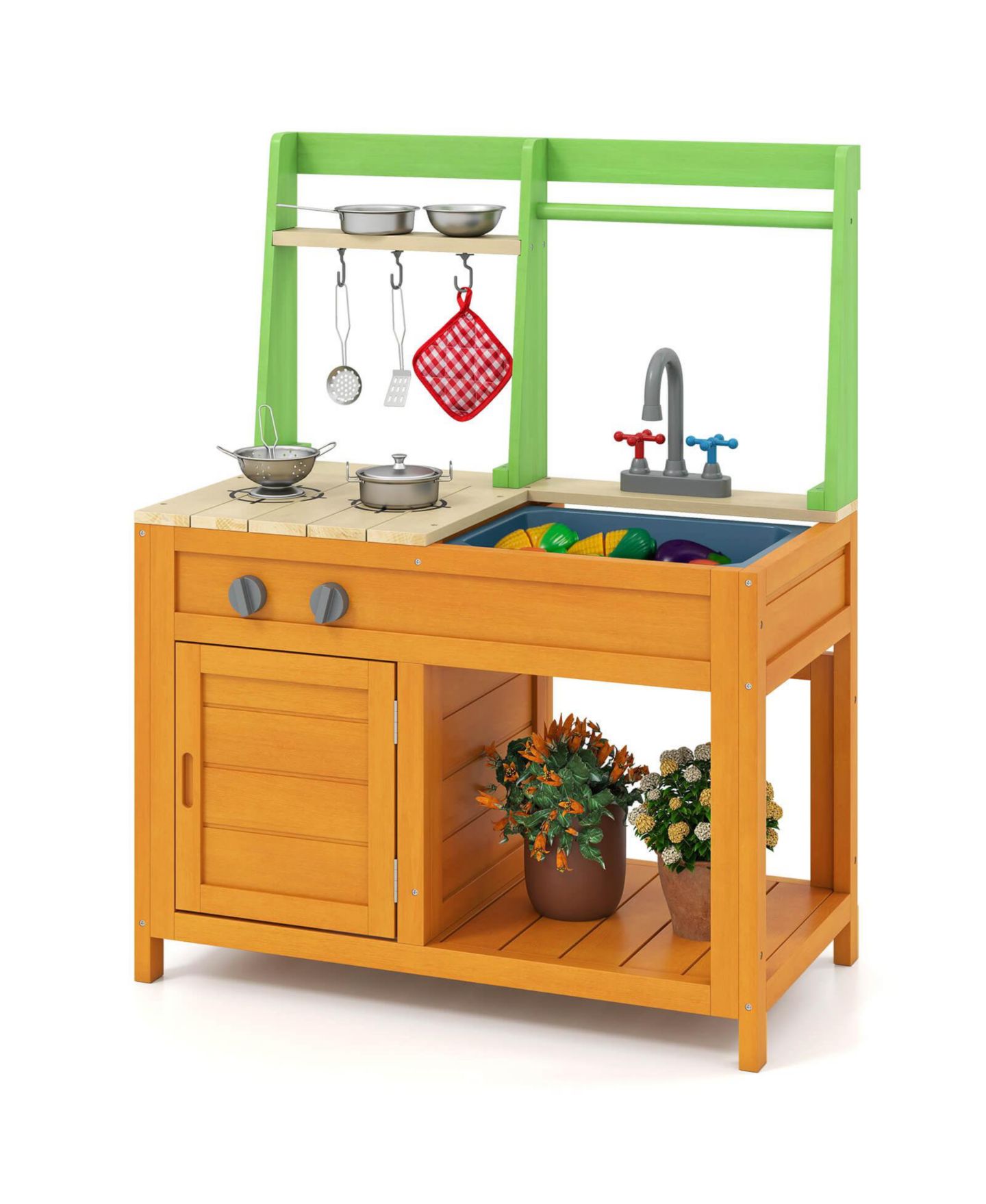 Детские игрушки Costway Wooden Mud Kitchen with Stoves, Sink and Oven, 10-Piece Set, Ages 3+, цвет: Жёлтый — фото 10