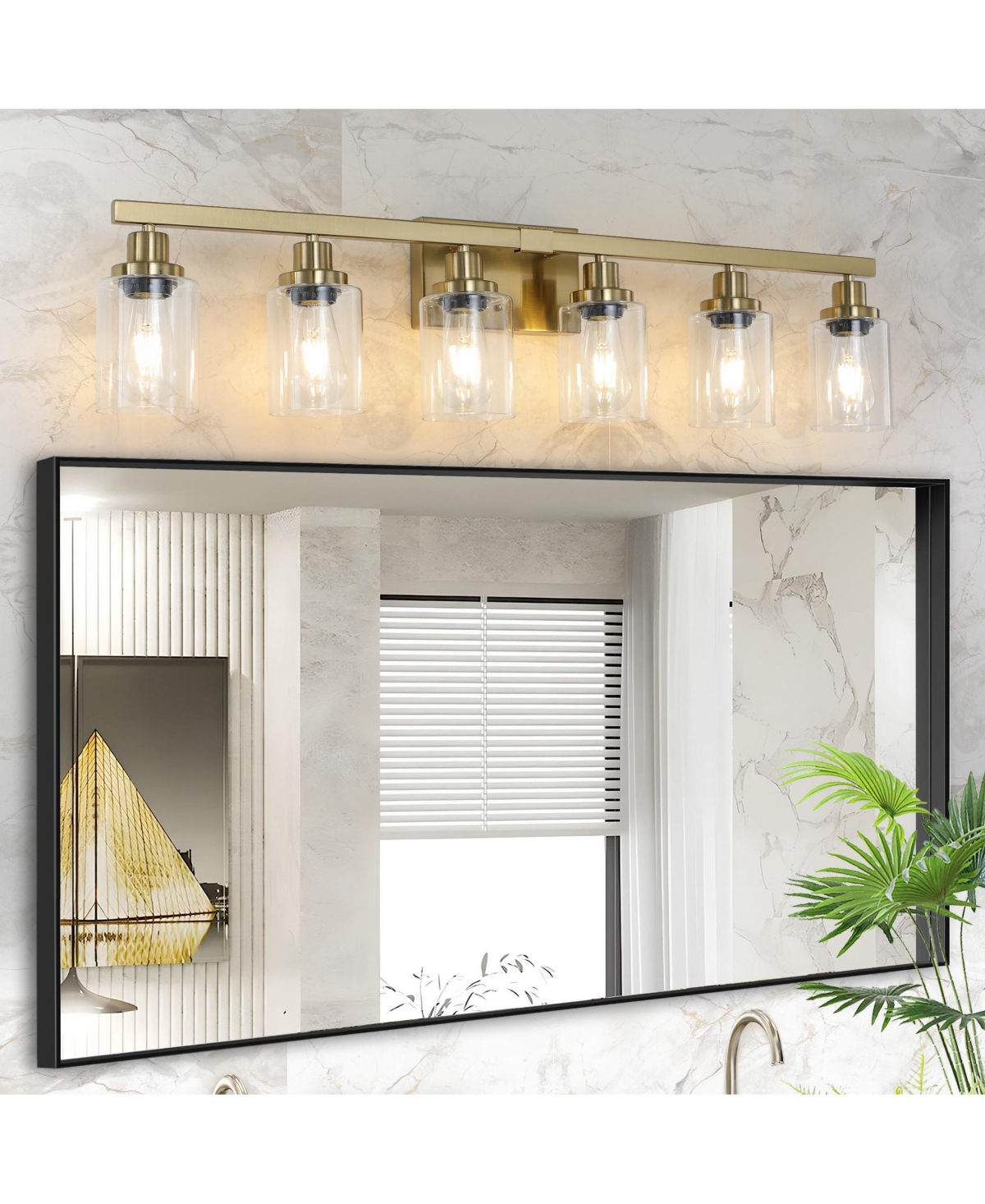 Busdays 37-Inch 6-Light Vanity Light with Clear Glass Shades, Modern Iron Bathroom Wall Fixture for Mirror No Bulbs