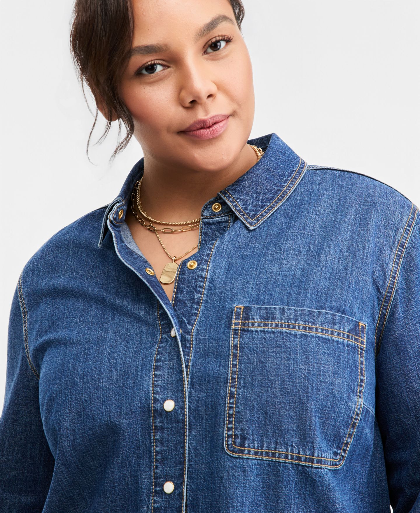 Женская рубашка On 34th Trendy Plus Size Long-Sleeve Cropped Denim Shirt, цвет: Пляжный — фото 4