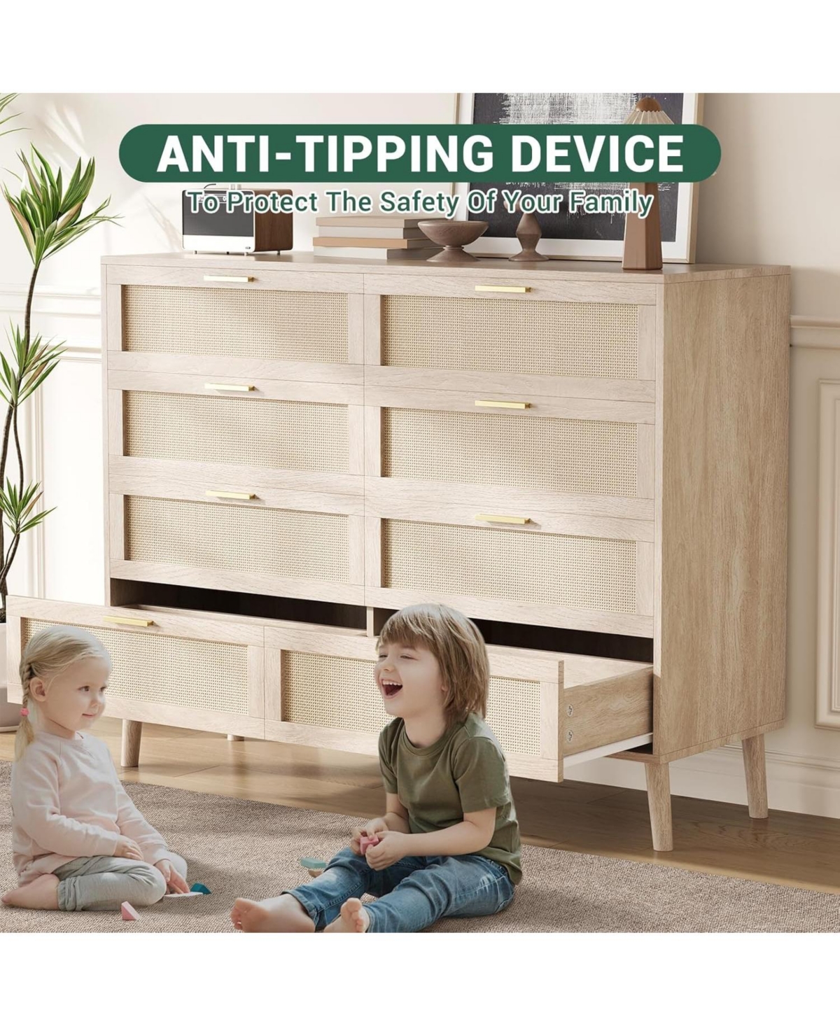 gaomon 8-Drawer Natural Rattan Dresser with 5 Legs & Gold Handles.