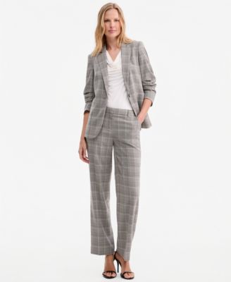 Women's Check Notch-Collar Scrunch-Sleeve Jacket, Pleated Cowl-Neck Sleeveless Top & Check Mid-Rise Wide-Leg Pants