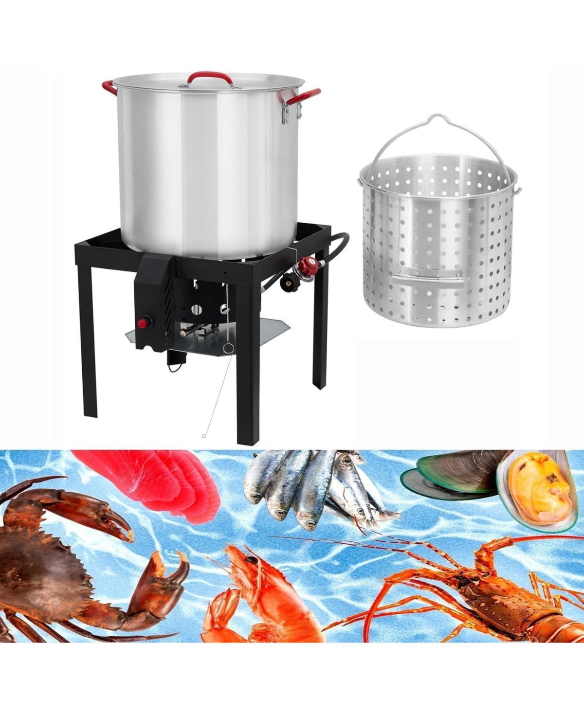 Xo Outdoor Seafood Boil Pot, Aluminum Seafood Boil Kit with Strainer Basket and Propane Burner for Outdoor Cooking