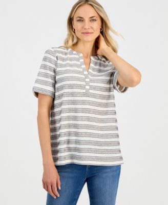Women's Striped Split-Neck Short-Sleeve Top