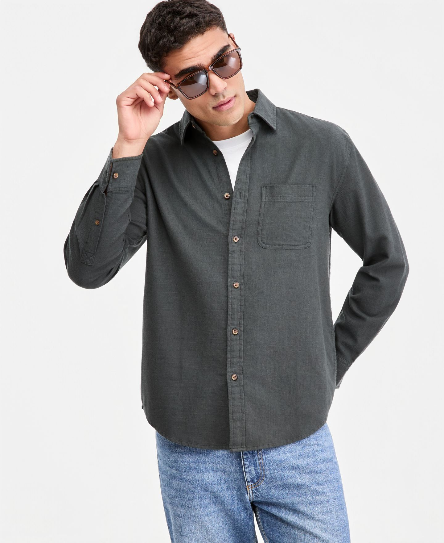 Мужская рубашка Sun + Stone 100% Cotton Slub Long-Sleeve, цвет: Чёрный теневой — фото 1