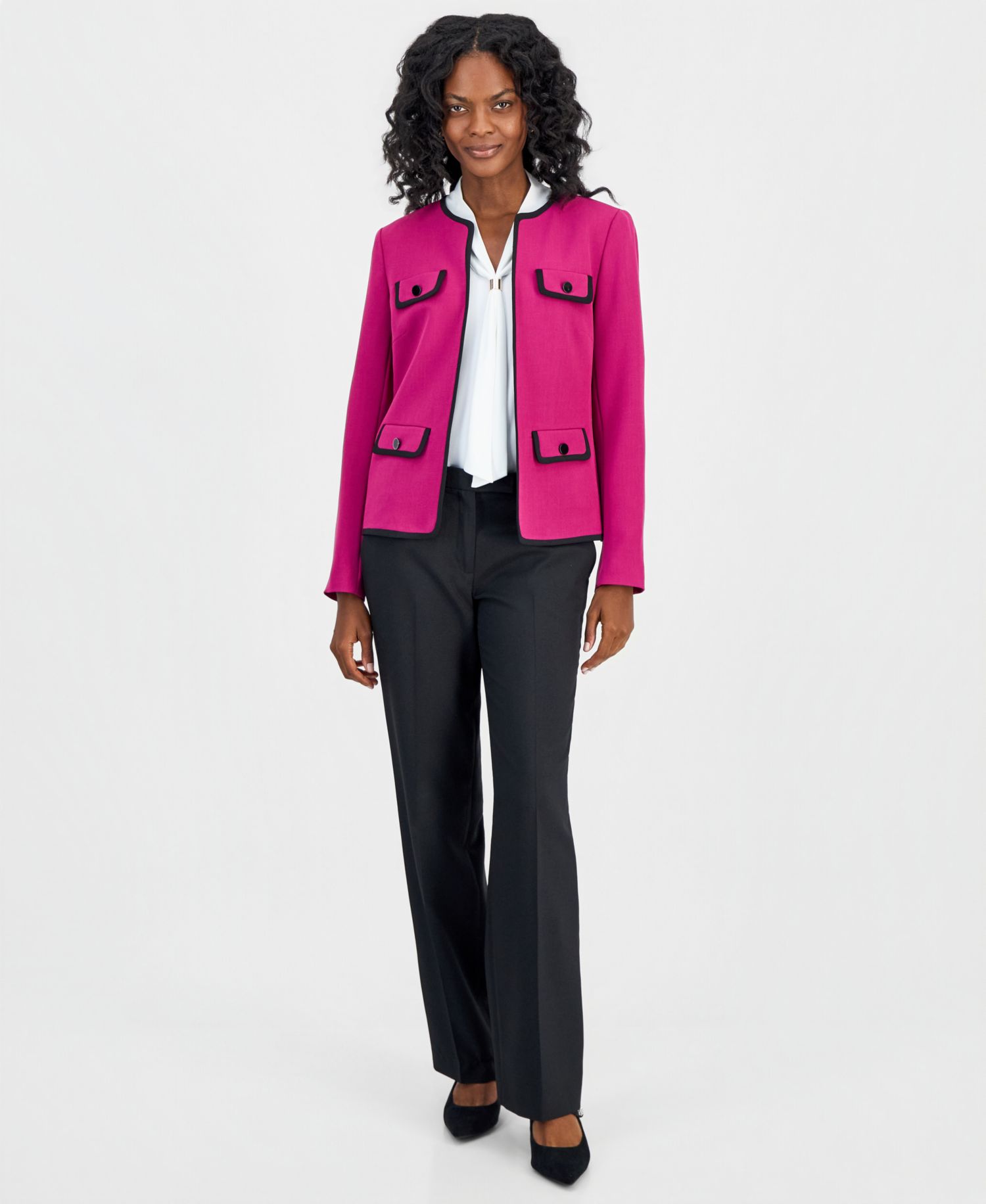 Collarless Contrast-Piping Jacket, Embellished-Neck-Tie Top & Ava Straight-Leg Pants