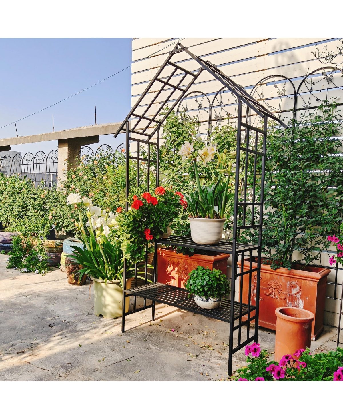 Clihome Metal Garden Arch with Bench Turned into Flower Stand W58.07H97.24 Climbing Plants Support Rose Arch Outdoor