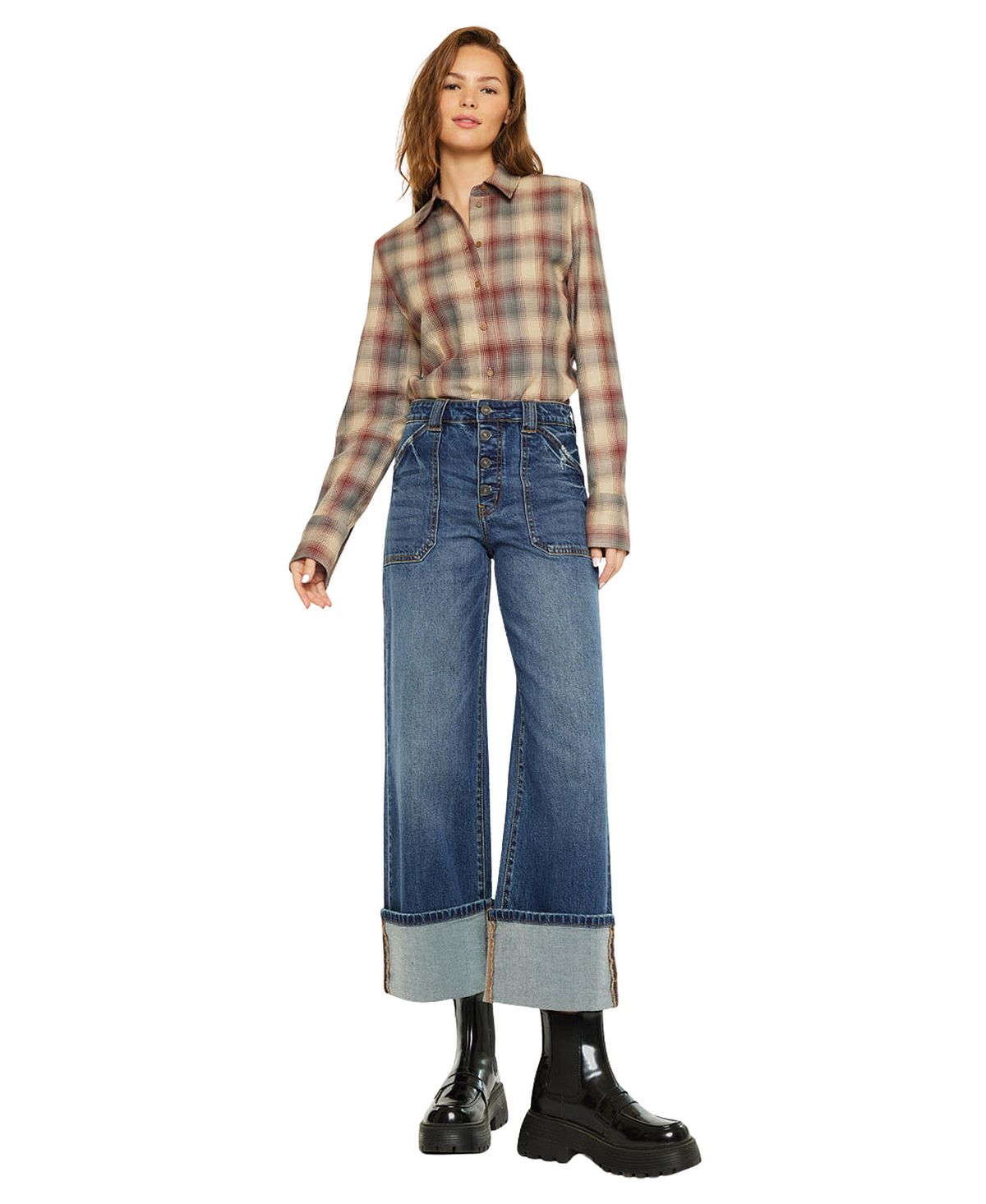 KanCan Women's High Rise Cuffed Wide Leg Jeans view 6 — MAYCSS fashion products