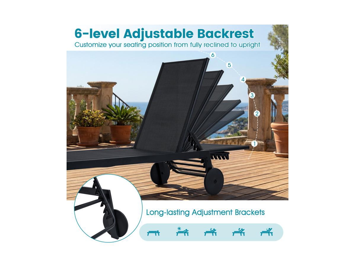 Boyel Living Patio Chaise Lounge Chair with Wheels and 6-Level Adjustable Backrest
