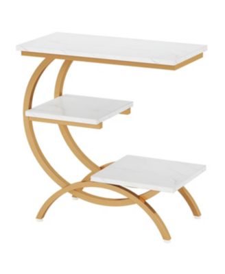 C Shaped End Table with 3 Tier Storage for Small Spaces