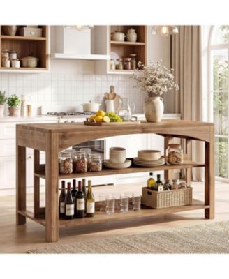 3-Tier Solid Wood Kitchen Island, 59'' Stationary Island Table with Open Shelves, Large Prep Table