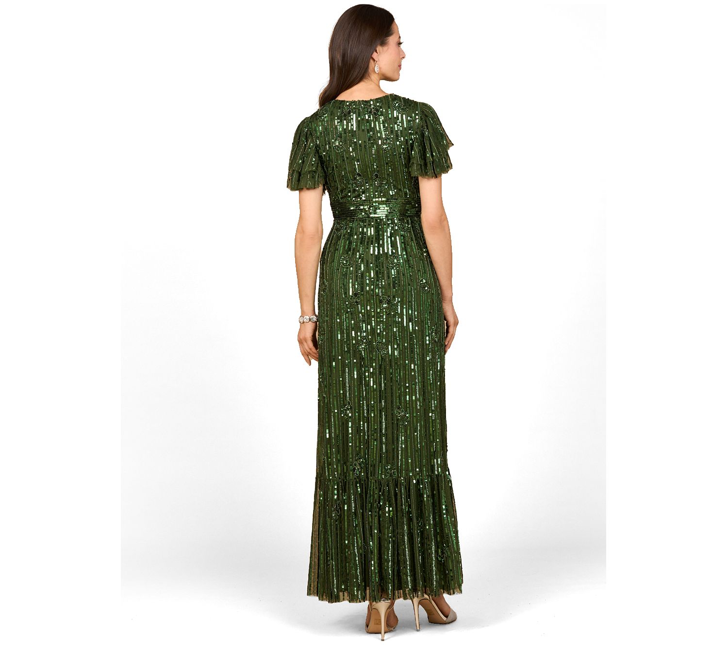 Women's Elegant Beaded Gown with Flutter Sleeves