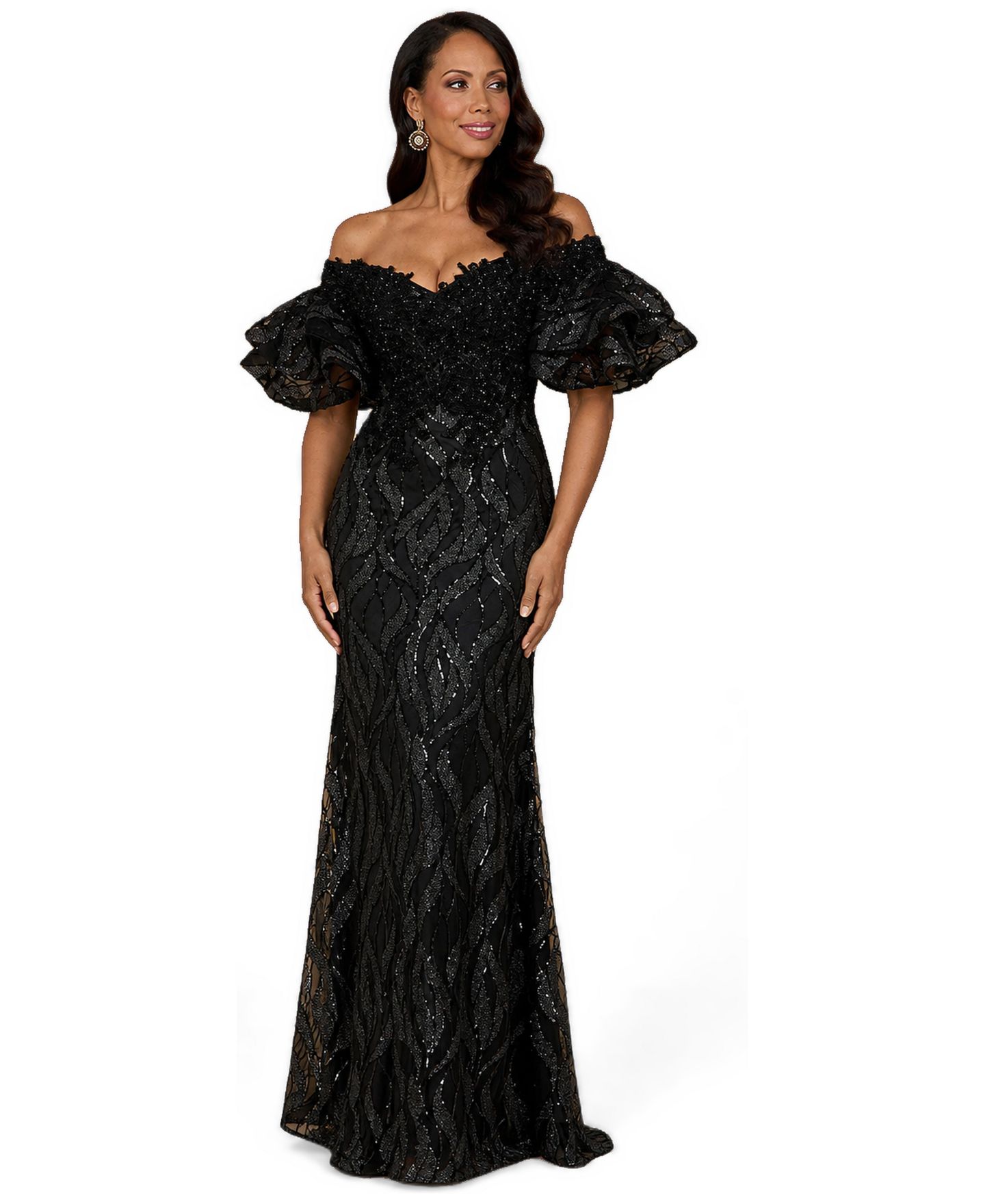 Женские платья Lara Off Shoulder Mermaid Beaded Gown with Tiered Sleeves, цвет: Чёрный — фото 3
