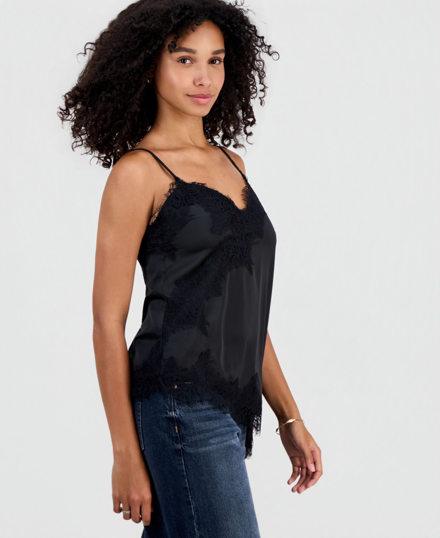 Juniors' Satin Lace-Trim Asymmetric Cami