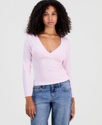 Juniors' Polkadot Long-Sleeve Surplice Top