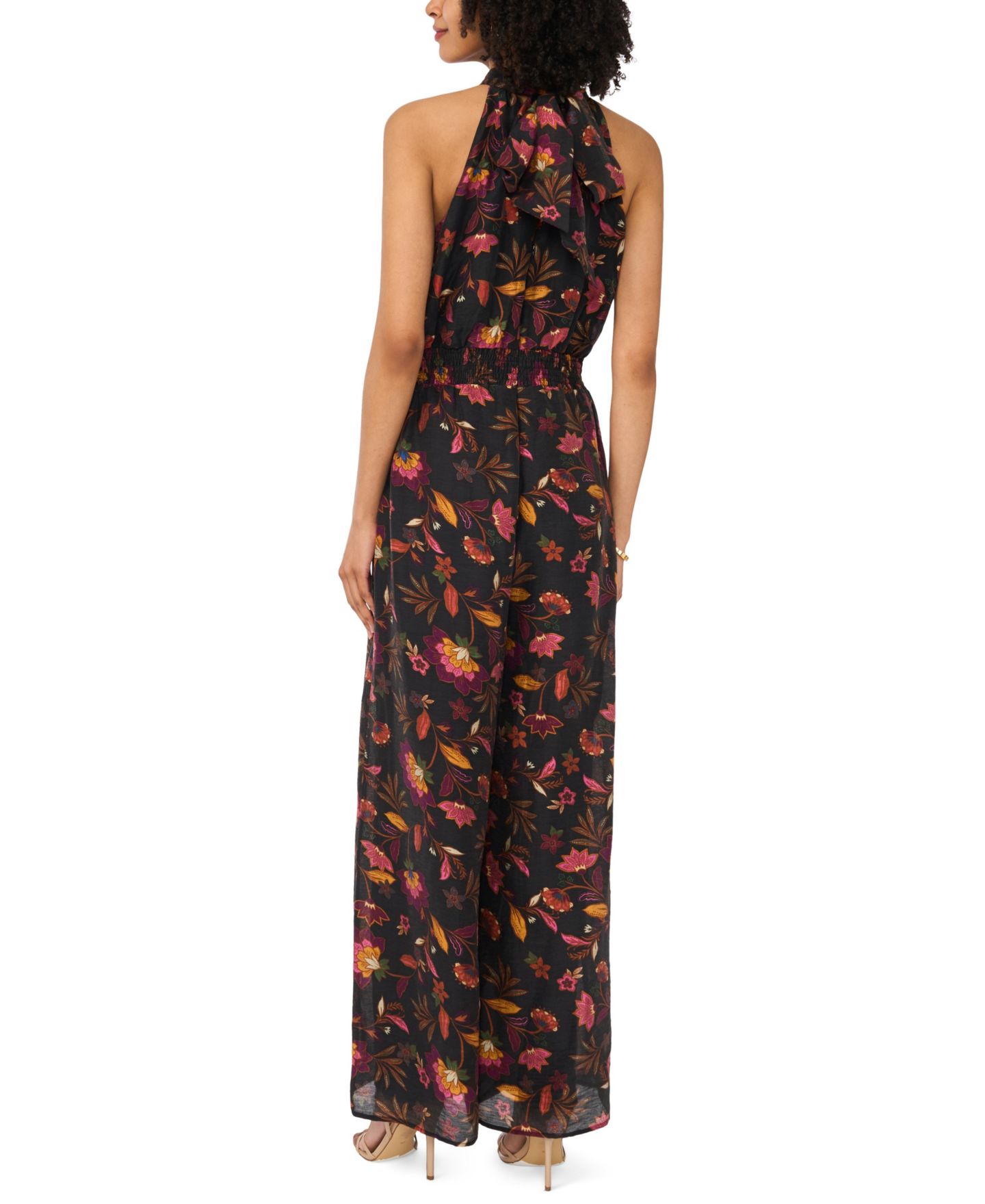 Женский комбинезон Vince Camuto Printed Halter Neck Smocked-Waist Jumpsuit, цвет: Насыщенный чёрный — фото 3