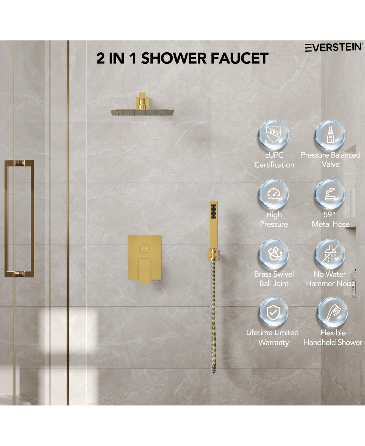 Everstrein 10" Rain Shower Head High Pressure Wall Mount Shower System Bathroom Shower Faucet Set with Handheld Spray Brushed Gold