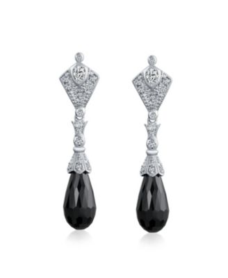Art Deco Style Black CZ Teardrop Cubic Zirconia Chandelier Earrings .925 Sterling Silver