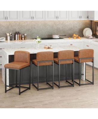 Set of 4 Modern Bar Stools- PU Leather Counter Height Barstools with Back, Upholstered Bar Chairs for Kitchen Island and Home Bar, Metal Frame