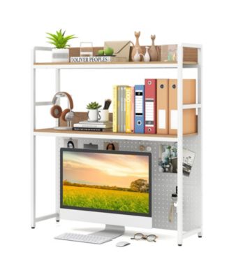 2-Tier Countertop Desktop Bookshelf with Metal Pegboard 2 Anti-tipping Devices