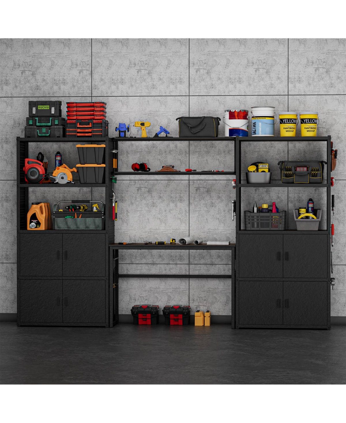 Heavy-Duty Garage Storage and Workstation System w/ Cabinets and Side Pegboards