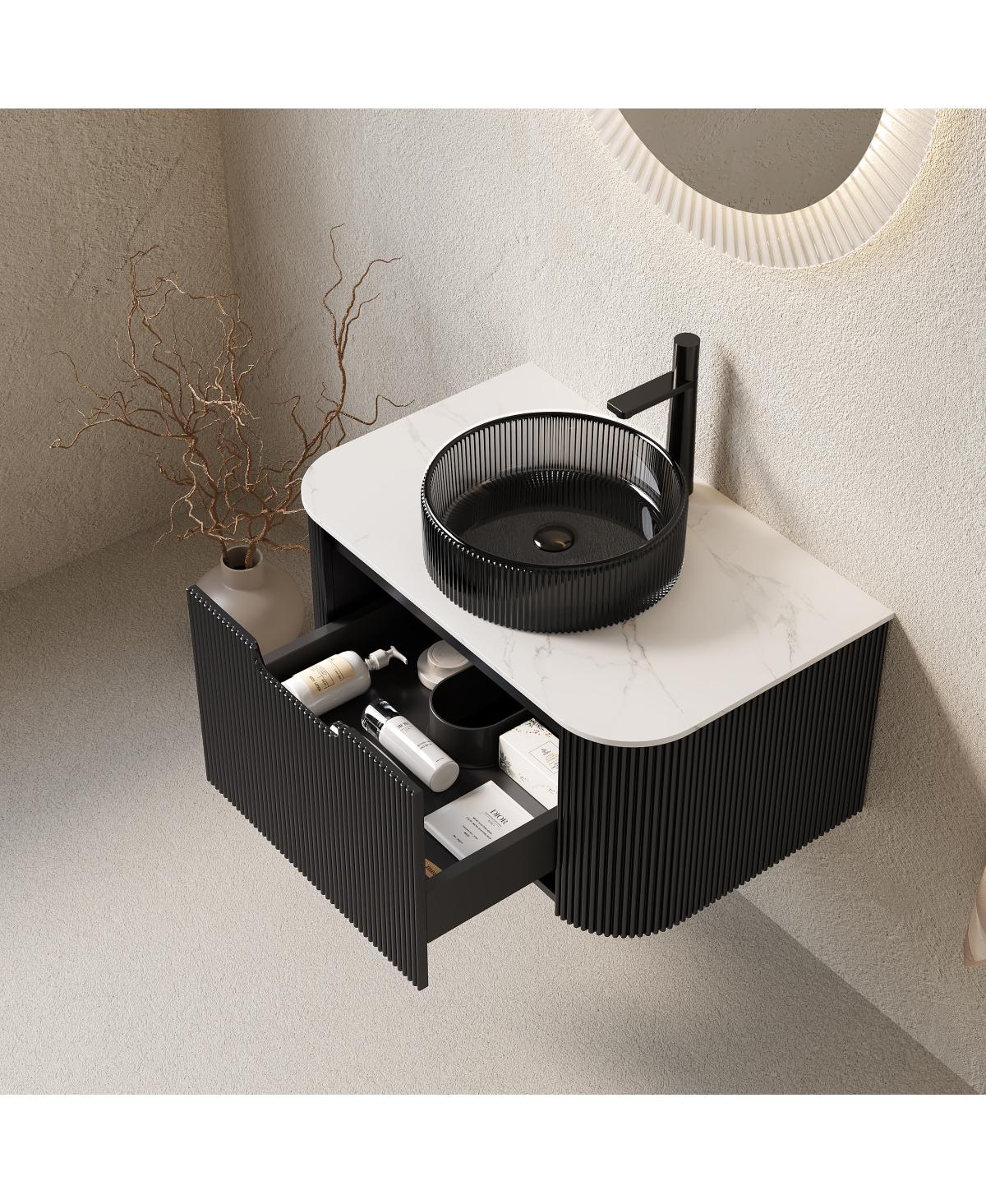 Sillysis Wall Mounted Bathroom Vanity with Glass Vessel Sink, 3D Stripe Plywood Cabinet, Soft Close Drawer