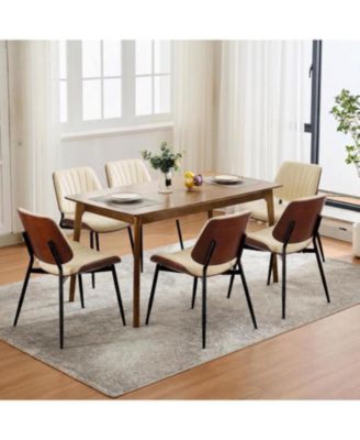 Set of 6 Dining Chairs, PU Leather, Mid Century Modern with Bentwood Back and Metal Legs