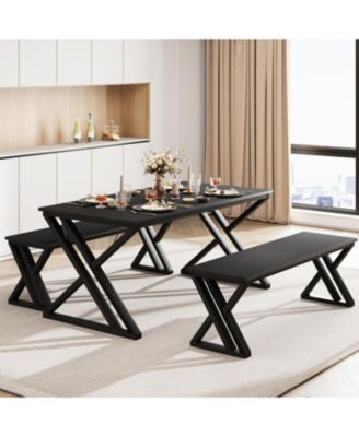 55" Dining Table Set for 4 with 2 Benches, Metal Frame