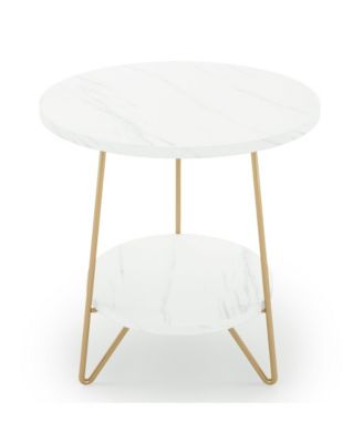 2-Tier Round Faux Marble End Table, Sofa Bedside Table with Shelves