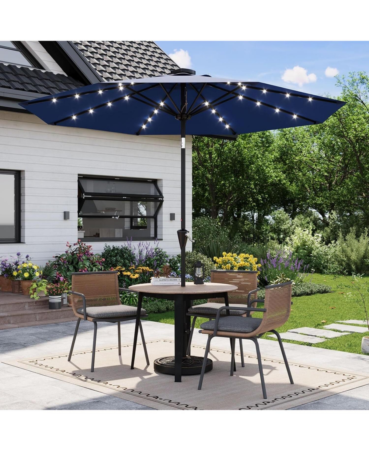 gaomon 9 Feet Outdoor Table Solar Patio Umbrella With 32 Led Lights, Uv Protection For Pool, Deck