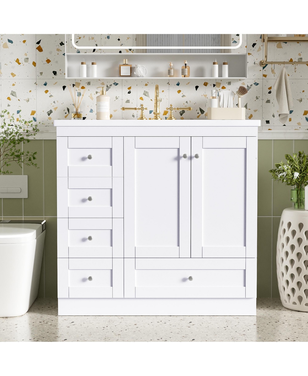 Busdays 36 Inch Shaker Style Free Standing Bathroom Vanity Cabinet with Sink 4 Soft Close Drawers and 2 Soft Close Doors
