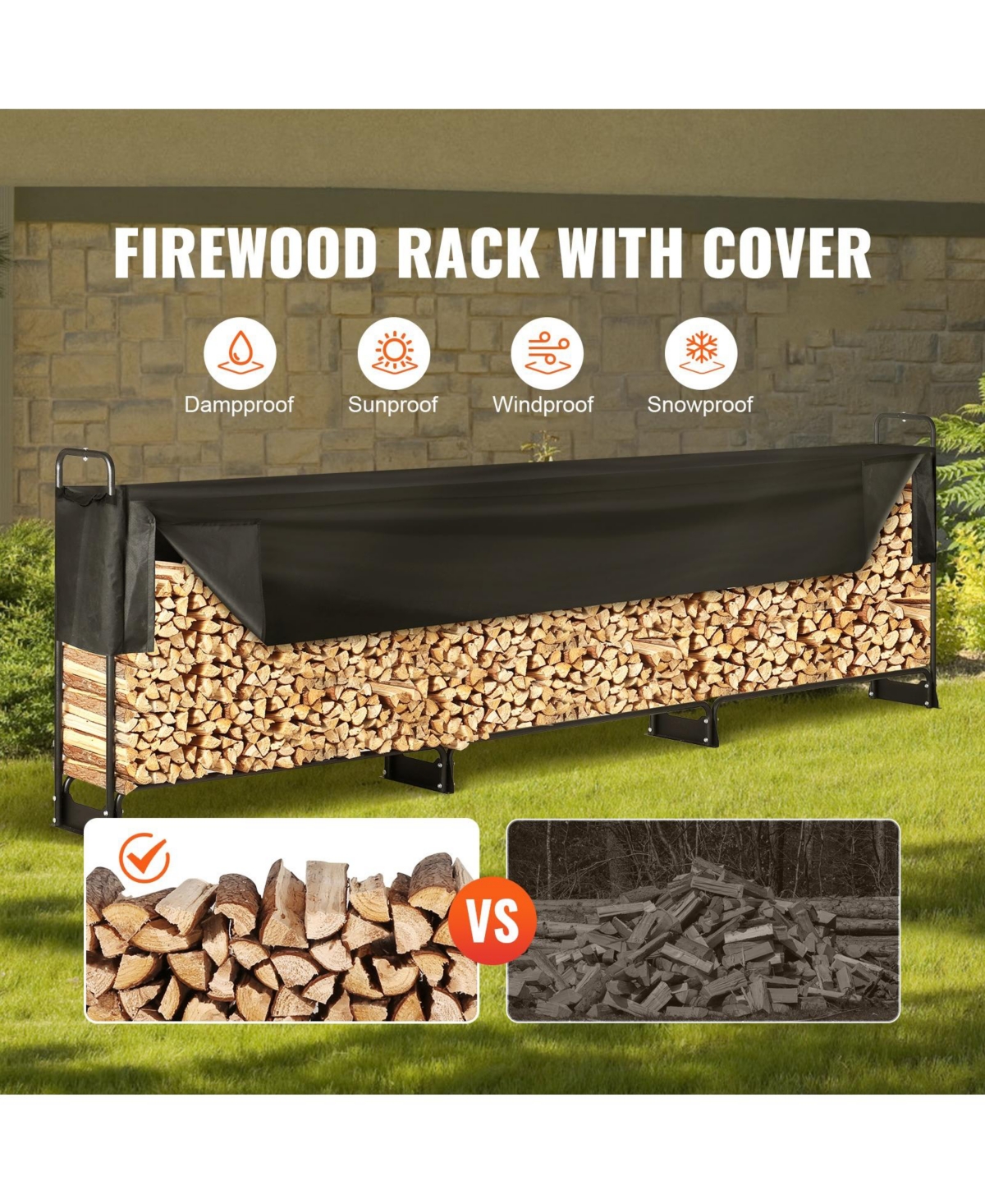 Cozito Firewood Rack with Water-Resistant Cover, 150 x 14 x 46 in Outdoor Holder, 1/2 Cord