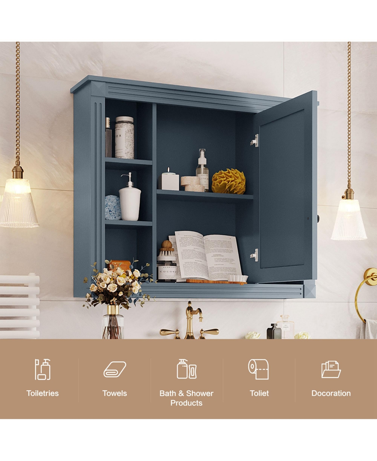Phying Modern Wall Mounted Bathroom Storage Cabinet Mirror Medicine Cabinet with Mirror Door and 6 Open Shelves Space Saving Bathroom Wall Organizer