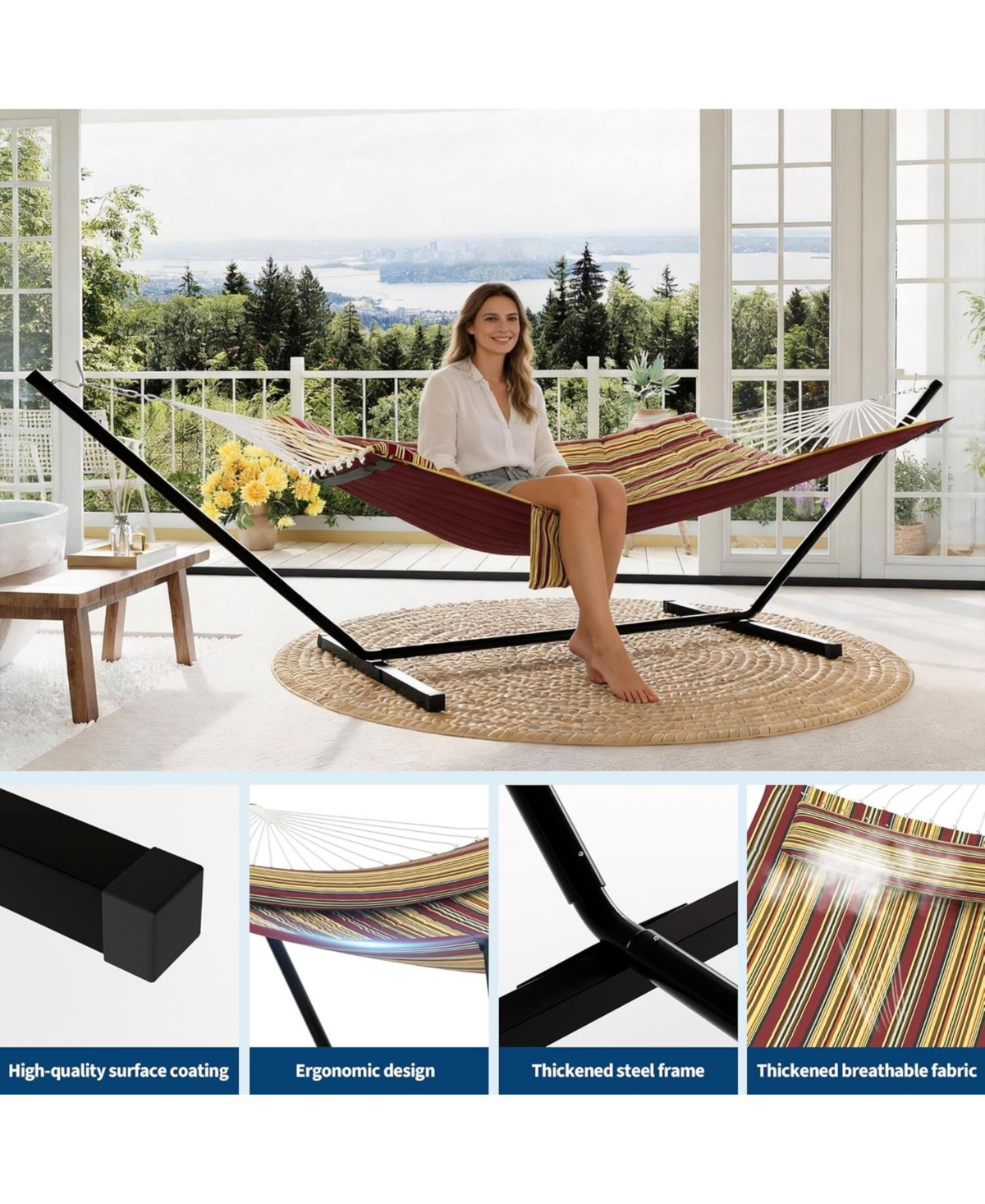 gaomon 2 Person Hammock with Stand for Outside, Double Hammock with Stand and Pillow, Max 450 Lbs Capacity with Balance Rope