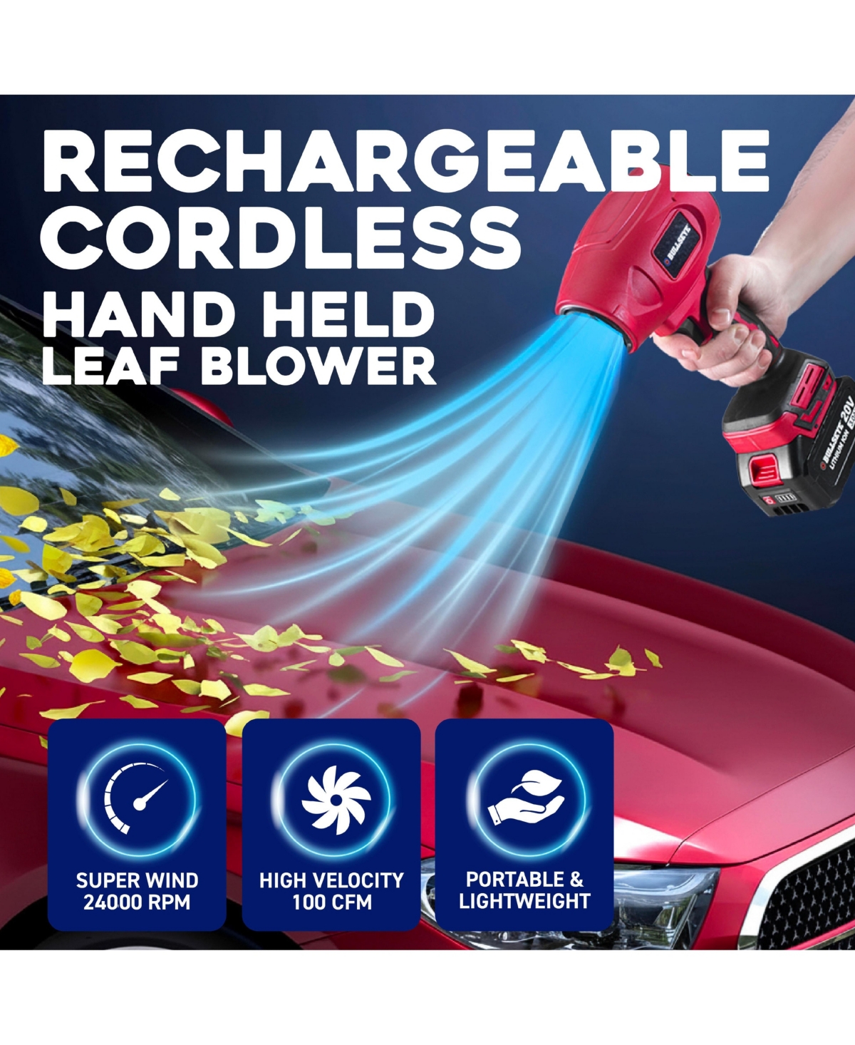 Bullseye Blower 20V Rechargeable Cordless Leaf Blower Dust Air Snow Blower 24,000 Rpm Handheld Electric Blower with Battery and Charger
