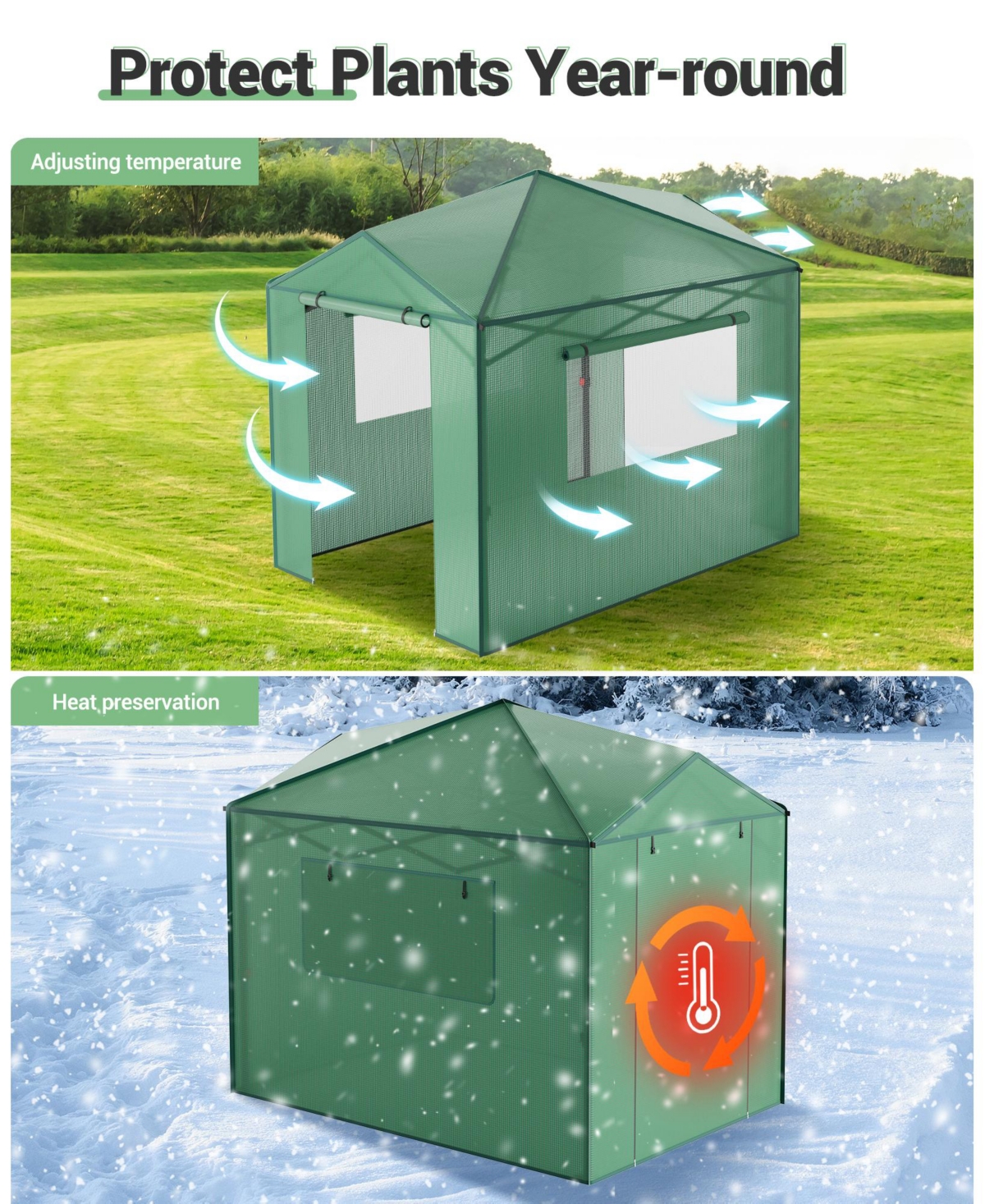 gaomon Walk-In Greenhouse with Galvanized Steel Frame, Pe Cover, Roll-Up Zipper Doors and Mesh Windows for Outdoor Growing