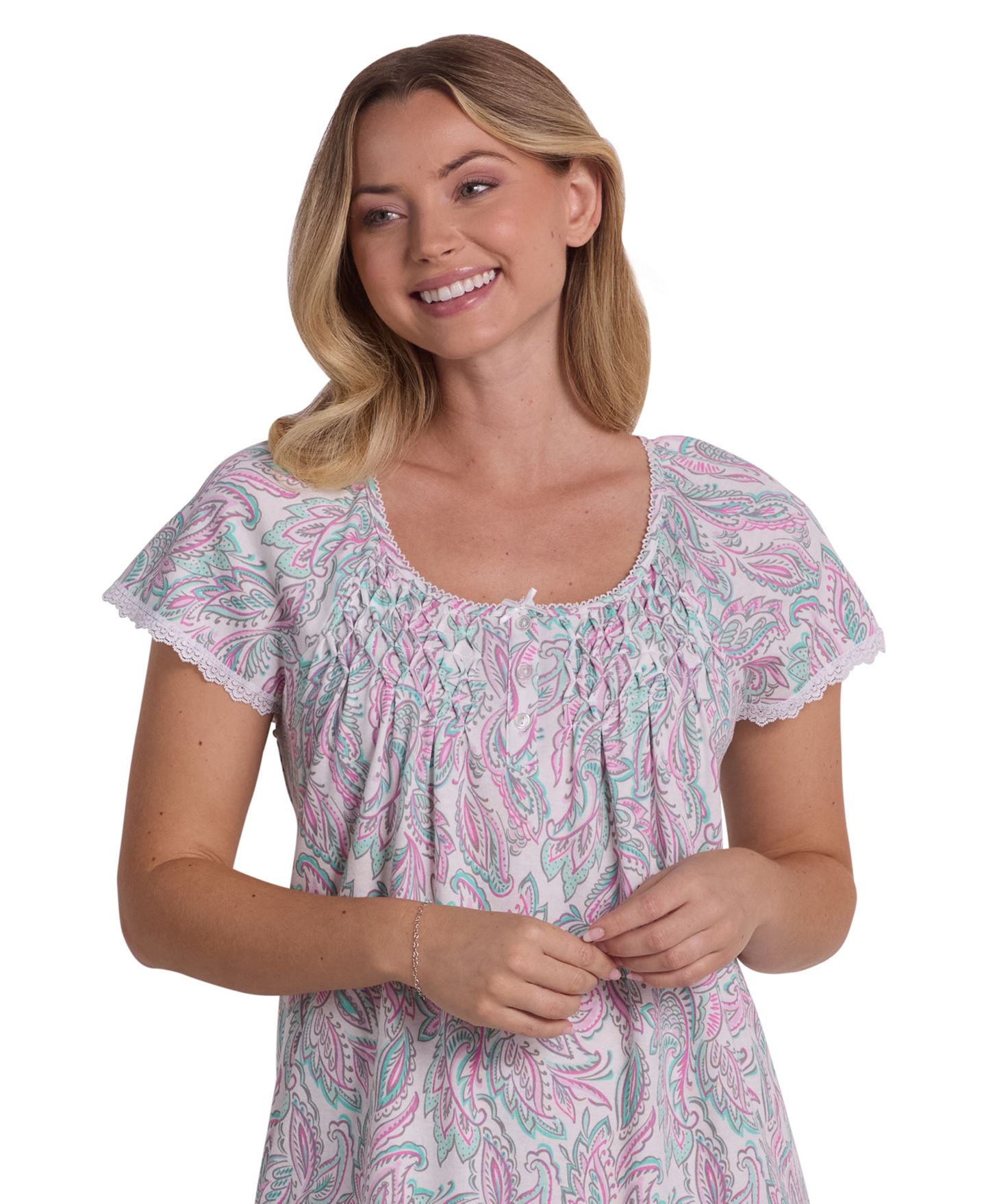 Женские платья Miss Elaine Short-Sleeve Printed Short Gown, цвет: Мятный / Розовый — фото 2