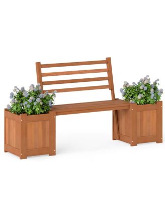 Outdoor Wooden Planter Bench with 2 Planter Boxes and Slatted Backrest