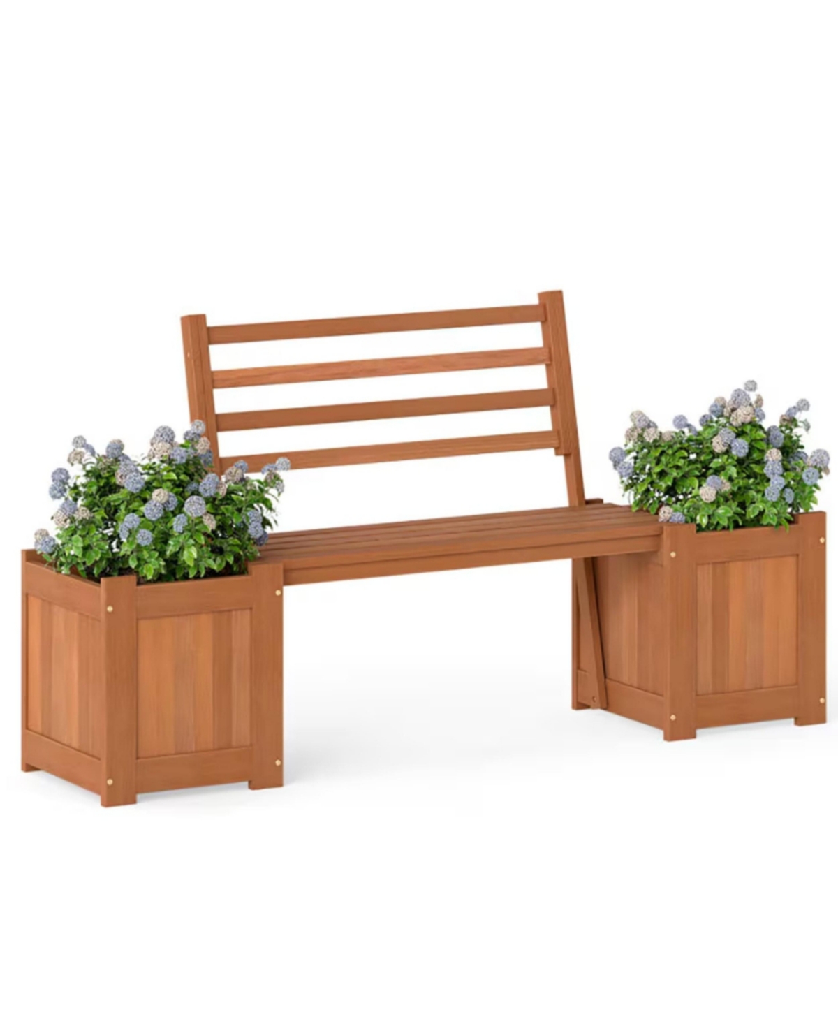 Yiortwo Outdoor Wooden Planter Bench with 2 Planter Boxes and Slatted Backrest