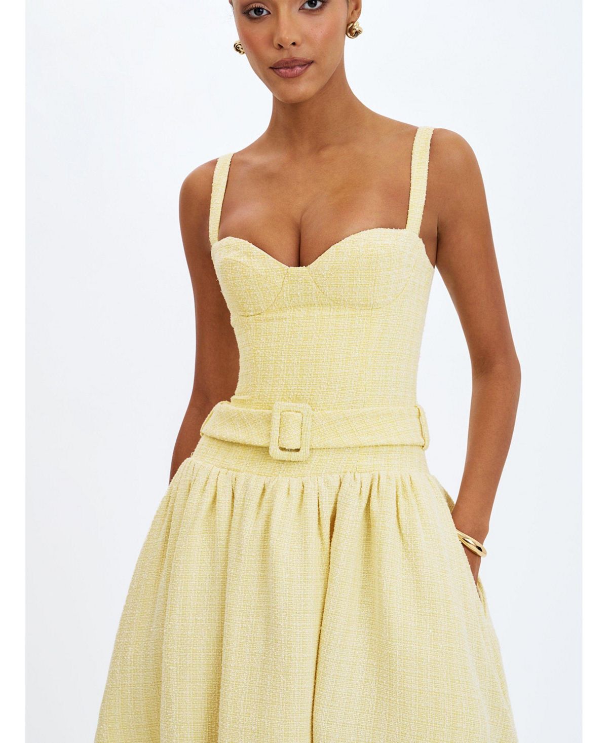 Miss Circle Women's Tiana Butter Yellow Sweetheart Belted Midi Dress view 8 — MAYCSS fashion products