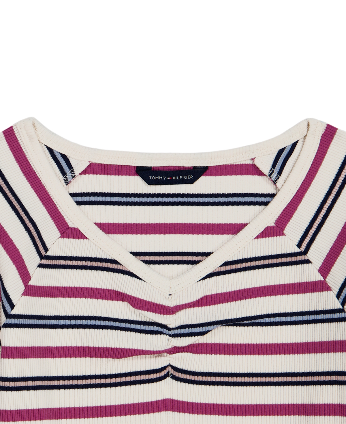 Tommy Hilfiger Girls' 7-16 Striped Ribbed V-Neck Short-Sleeve Top