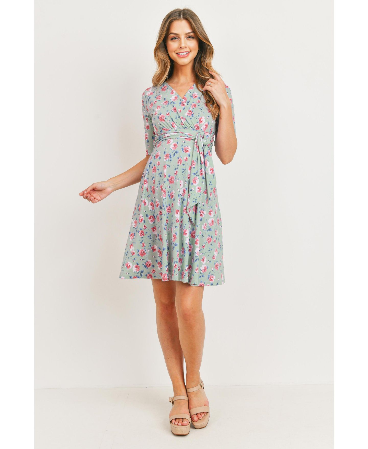 Женское платье Hello Miz Materntiy Floral V-Neck Nursing Wrap Dress with Tie Waist, цвет: Мятный — фото 4