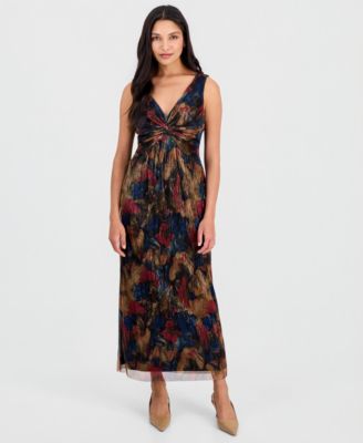 Petite Metallic-Print Twist-Front Sleeveless Dress