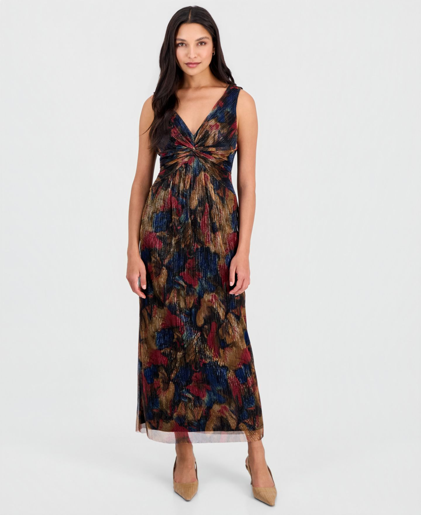 Женское платье Connected Petite Metallic-Print Twist-Front Sleeveless Dress, цвет: Spice — фото 1