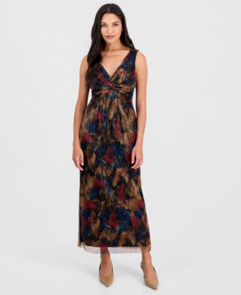 Женское платье Connected Petite Metallic-Print Twist-Front Sleeveless Dress, цвет: Spice
