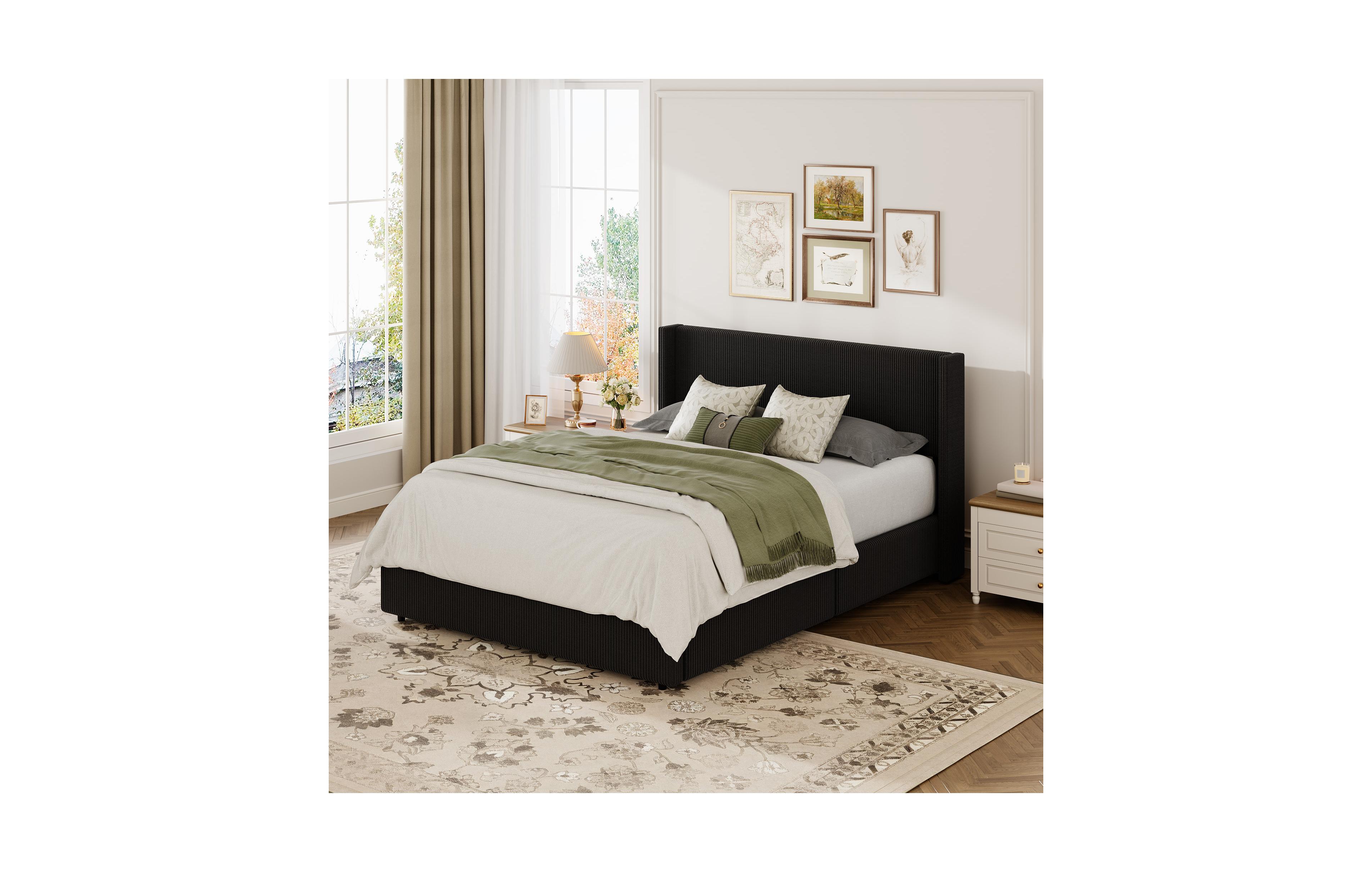 homfan Lift Up Storage Bed, Modern Corduroy Upholstered Platform Bed Frame with Wingback Headboard, Gas Hydraulic Storage